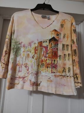 Chico's Pastel Watercolor V-Neck Art Print Top - Peach